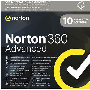 Norton - LifeLock 360 Advanced - Antivirus Software - 200 GB - 1 gebruiker - 10 apparaten - 1 jaar