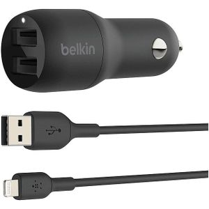 Belkin Dual Usb-a Car Charger 24 Watt Met Pvc Usb-a-naar-lightning-kabel 1 Meter Zwart