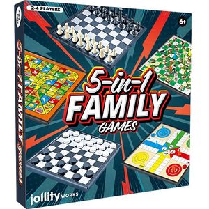 Jollity Works - 5-in-1 Family Games - Ganzenbord - Dammen - Schaken - Slangen en Ladders