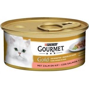 Gourmet Gold Fijne Hapjes in saus met zalm en kip natvoer kat (85 g)