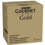 Gourmet Gold Fijne Hapjes in saus met rund, kip-lever, zalm-kip, kalkoen-eend natvoer kat (85 g)