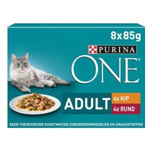Purina One Adult reepjes in saus met kip, rund en groenten natvoer kat (8x85g)