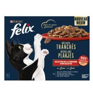 Felix Heerlijke Plakjes Farm Selectie met rund, kip, eend, kalkoen in gelei natvoer kat (12x80 g)