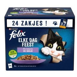 Felix Elke Dag Feest Mix Selectie met tonijn, zalm, rund, kip in gelei kattenvoer (24x85g)