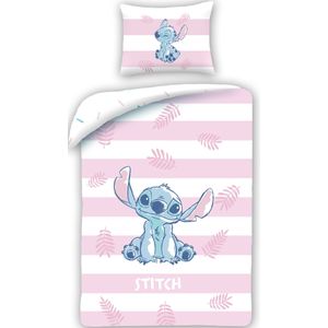 Disney Lilo & Stitch Dekbedovertrek, Stripes - Eenpersoons - 140 x 200 cm - Kat en - 140x200 + 1 kussensloop 70x90 - Roze