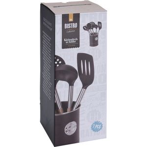 Excellent Houseware Keukengerei -  Kookgerei Set 7-Delig met Houder - Zwart