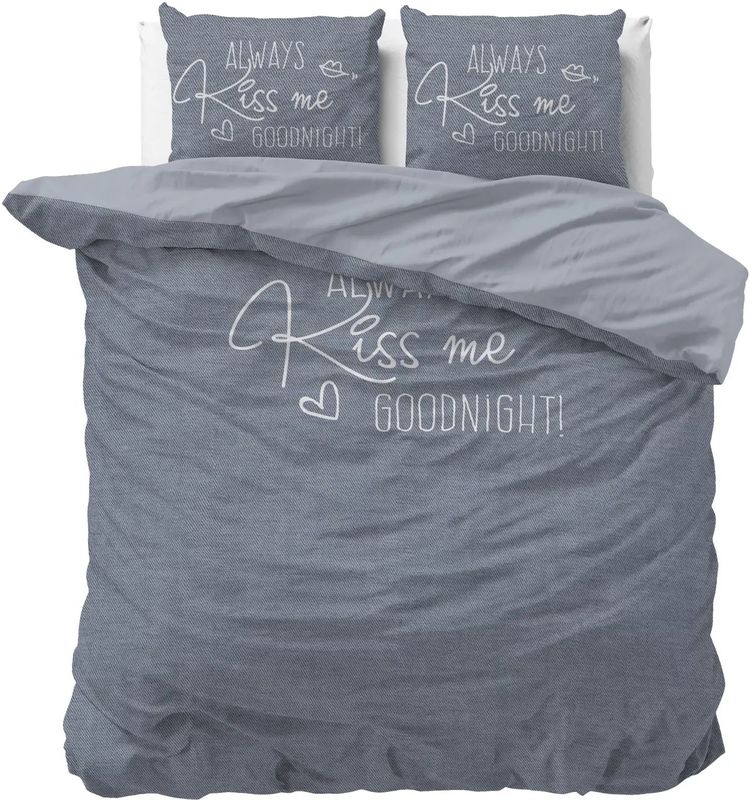 Sleeptime - Dekbedovertrek Kiss Me - Blauw - 140x200x220 + 1 Kussensloop 60x70 - Grijs