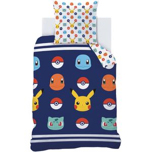 Pokemon Dekbedovertrek Badges - Eenpersoons - 140 x 200 cm - Katoen - 140x200 + 1 kussensloop 63x63 - Blauw