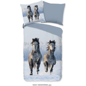 Good morning Dekbedovertrek Snow Horses - 140x220 flanel kids nr.10040 grijs - 140x200/220 + 1 kussensloop 60x70