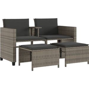 vidaXL - Tuinbank - 2-zits - met - tafel - en - voetenbanken - poly - rattan - grijs