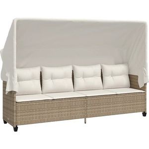 vidaXL - Ligbed - met - luifel - en - kussen - poly - rattan beige