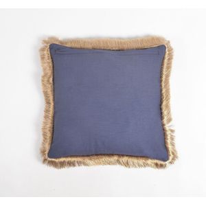 Solid Navy Cotton Linen Cushion Cover with Fringed Border, 18 x 18 inches