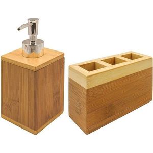 Badkamerset 2-delig bamboe hout 13 cm - Navulbare zeep houder - Toilet/badkamer accessoires