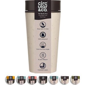 Circular & Co - Travel Mug - Koffiebeker To Go - Coffee To Go Beker - 340 ml - Crème - zwart - 12oz - Duurzaam