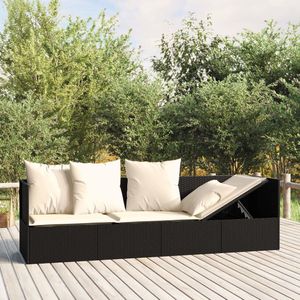 Loungebed met kussens poly rattan zwart