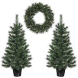 Black Box Trees Glendon Set van 2 Kerstbomen en 1 Krans met LED Verlichting - Groen
