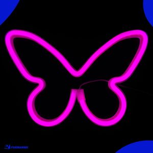 Neon Lamp - Vlinder Roze - Incl. 3 Batterijen - 16 x 23 cm