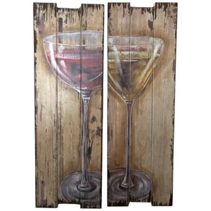 Set van 2 houten wandborden met een glas witte wijn en rode wijn