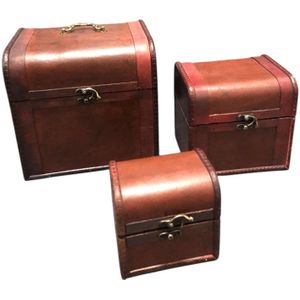 Set van 3 koloniaal houten kistjes met beslag, opbergkist