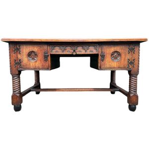 Nostalgisch antiek eiken bureau, fors in formaat, vintage meubel