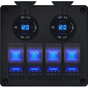 ProRide Schakelpaneel 12V voor Auto/Boot - USB Stopcontact 4 Poorten met Schakelaar/Voltmeter - QC3.0 - DS2120B - 4 schakelaars - Blauw