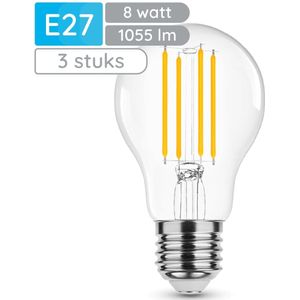 Modee E27 LED Lamp 8W - 1055lm - 2700K - Warm Wit - LED Filament Globe A60 - Vervangt 75W Halogeen Gloeilamp - 3 stuks