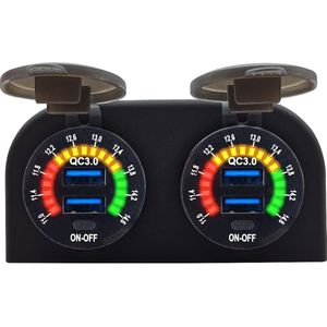 ProRide 12V USB Stopcontact 4 Poorten met Schakelaar/Voltmeter - Tweevoudig Opbouw - QC3.0 - USB Autolader, Boot en Camper