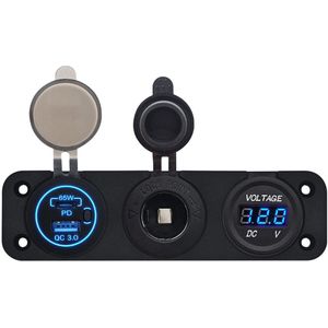 ProRide 12V USB Autolader 2 Poorten - 65W/QC3.0 - Voltmeter en 12V/24V Sigarettenplug - Drievoudig inbouw