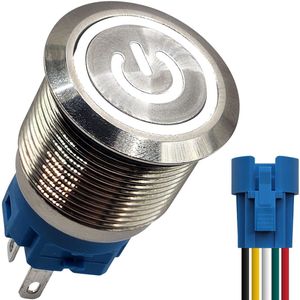 ProRide Metalen Drukschakelaar ON-OFF met Aansluitkabel - 19mm -  Spatwaterdicht - 12V/24V - LED Indicatie Wit