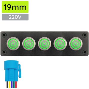 ProRide Metalen drukschakelaars in Vijfvoudig inbouwpaneel 220V ON-OFF - 19mm - IP67 - LED indicatie Groen