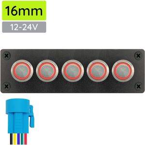 ProRide Metalen Drukschakelaars ON-OFF 12-24V  - 16mm - Vijfvoudig inbouwpaneel - IP67 - LED indicatie Rood