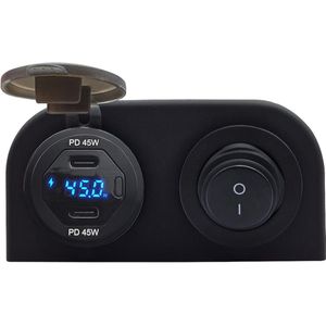 ProRide 12V USB C Autolader 2 Poorten Opbouw met Wattagemeter - 45W/QC3.0 - Tweevoudig opbouw - Blauw