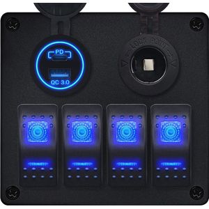 ProRide Schakelpaneel 12V voor Auto/Boot - USB Lader 2 poorten met Sigaretten stopcontact - QC3.0 - 4 schakelaars