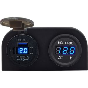ProRide 12V USB C Stopcontact 3 Poorten Opbouw met Schakelaar - QC3.0 - Tweevoudig opbouw met Voltmeter - Blauw