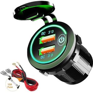 12V USB Autolader 2 Poorten Inbouw met Schakelaar/Aansluitkabel - QC3.0 - USB Stopcontact Auto, Boot en Camper - Groen