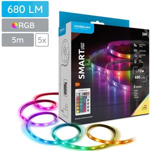 Modee Smart Led Strip 5 Meter met Afstandbediening - 12W - Lichtstrip Zelfklevend - RGB en Warm Wit - 5 Stuks