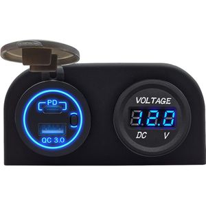 ProRide 12V USB/USB C Stopcontact 2 Poorten Opbouw met Schakelaar - QC3.0 - Tweevoudig opbouw met Voltmeter - Blauw