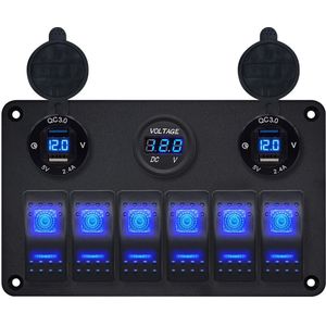 ProRide Schakelpaneel 12V voor Auto/Boot - USB Lader 4 Poorten met Voltmeter - 5V/2.4A - DS2114B - 6 Schakelaars