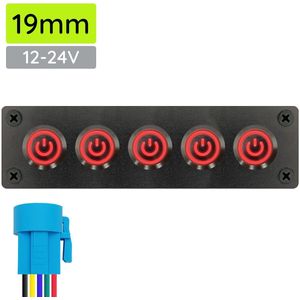 ProRide Metalen drukschakelaars in Vijfvoudig inbouwpaneel 12-24V ON-OFF - 19mm - IP67 - LED indicatie Rood