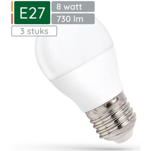 Spectrum LED Kogellamp E27 8W - 230V - 730 Lumen - 6000K Koud wit - Helder daglicht - Energiezuinig - 3 stuks