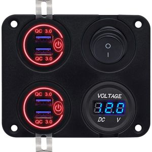 ProRide 12V USB Autolader 4 Poorten - QC3.0 - Voltmeter en Schakelaar - Vierkant inbouw paneel