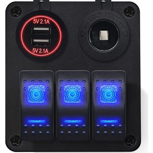 ProRide Schakelpaneel 12V voor Auto/Boot - USB Lader 2 Poorten met Sigaretten stopcontact - 5V/2.1A - 3 schakelaars