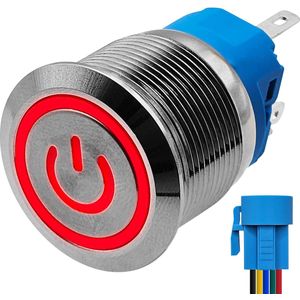 ProRide - Metalen Drukschakelaar - 12V - 22mm - Spatwaterdicht - LED Indicatie Rood