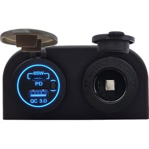 ProRide 12V USB/USB C Stopcontact 2 Poorten Opbouw met Schakelaar - 65W - QC3.0 - met 12/24V Sigaretten stopcontact - Blauw
