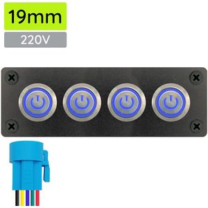 ProRide Metalen drukschakelaars in Viervoudig inbouwpaneel 220V ON-OFF - 19mm - IP67 - LED indicatie Blauw