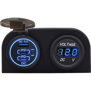 ProRide 12V USB/USB C Stopcontact 3 Poorten met schakelaar - Opbouw - QC3.0 - Tweevoudig opbouw met Voltmeter - Blauw