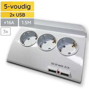 Technik Stekkerdoos met USB en Schakelaar 1.5 Meter - 5-Voudig en 2x USB - Stekkerdoos Bureau - Verlengsnoer met Stekkerdoos - Wit - 3 Stuks