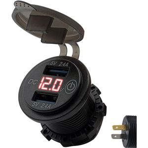 ProRide 12V USB Autolader 2 Poorten Inbouw met Schakelaar en Voltmeter + Aansluitkabel - 5V/2.4A - USB Stopcontact Auto, Boot en Camper - Rood
