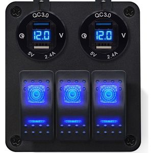 ProRide Schakelpaneel 12V voor Auto/Boot - USB Stopcontact 4 Poorten met Voltmeter - 5V/2.4A - DS2114B - 3 schakelaars - Blauw