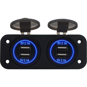 ProRide 12V USB Stopcontact 4 Poorten - Tweevoudig Inbouw - 5V/2.1A - USB Autolader, Boot en Camper - Blauw